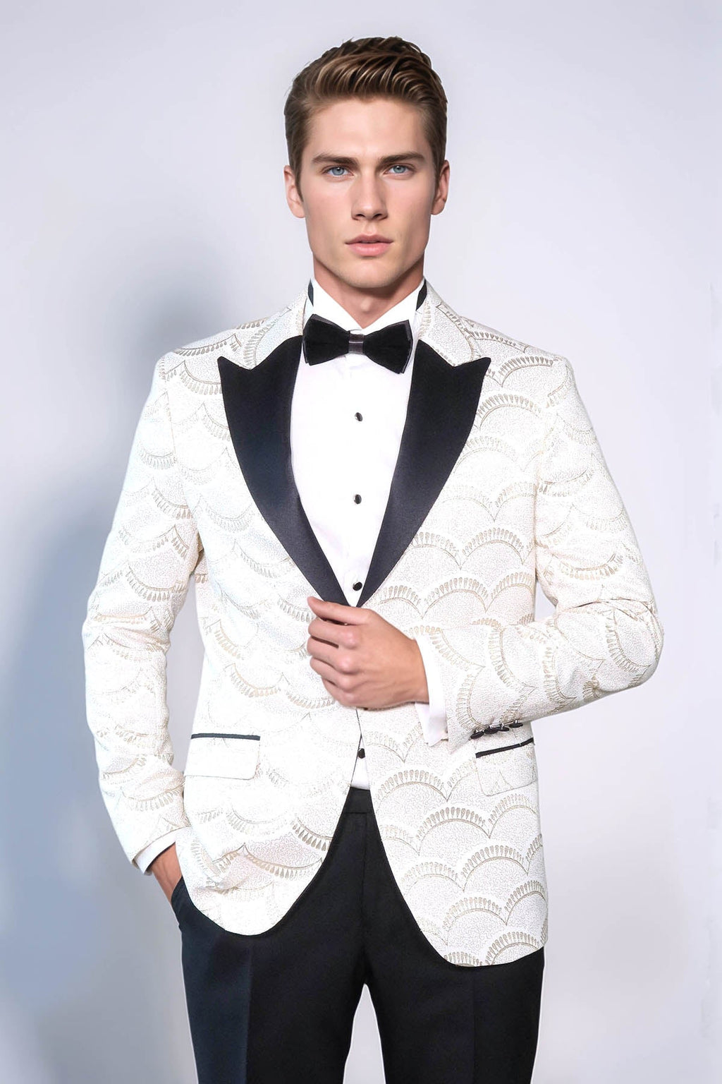 Patterned Slim Fit White Men Dinner Jacket - Wessi - Luzilly Bridal & Apparel
