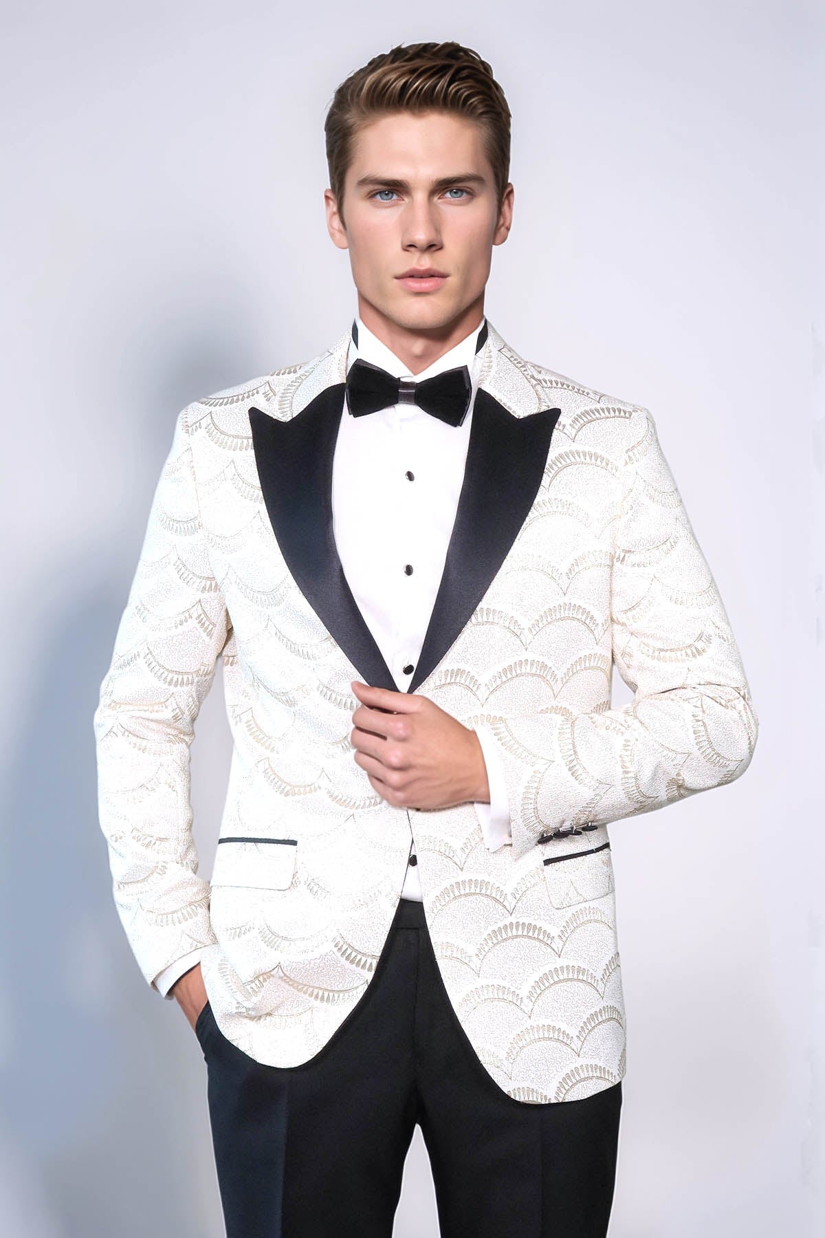 Patterned Slim Fit White Men Dinner Jacket - Wessi - Luzilly Bridal & Apparel