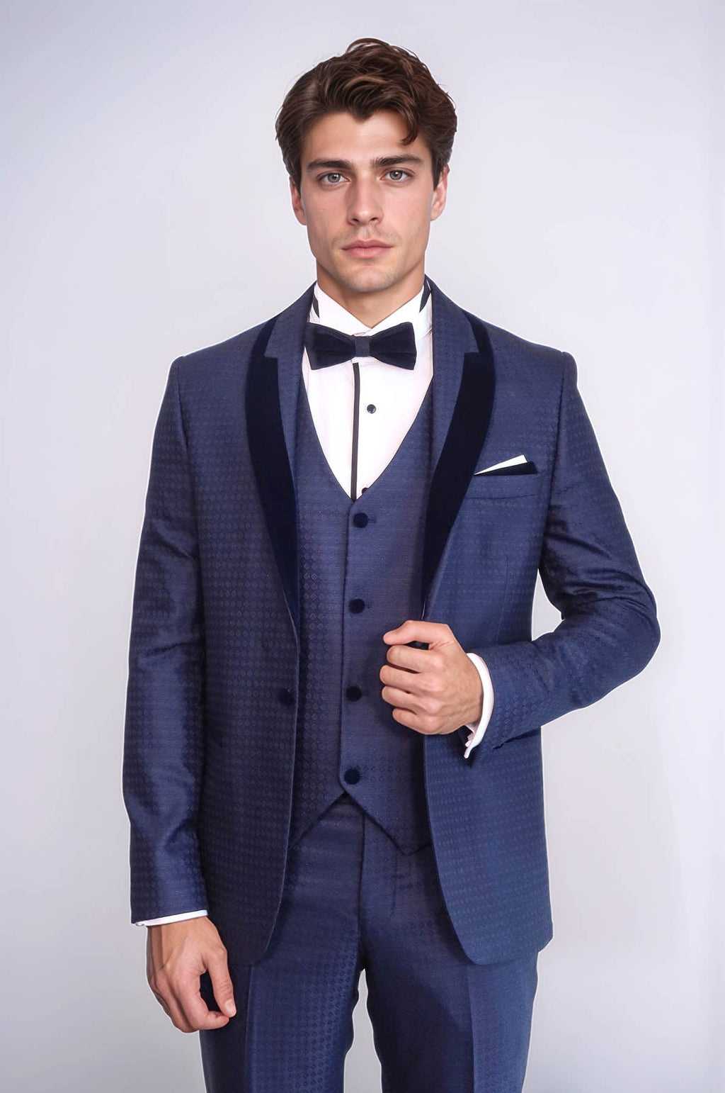 Patterned Velvet Lapel Navy Blue Men Tuxedo - Wessi - Luzilly Bridal & Apparel