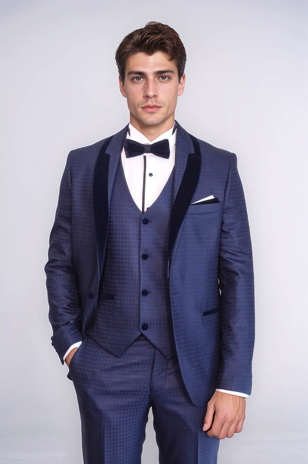 Patterned Velvet Lapel Navy Blue Men Tuxedo - Wessi - Luzilly Bridal & Apparel