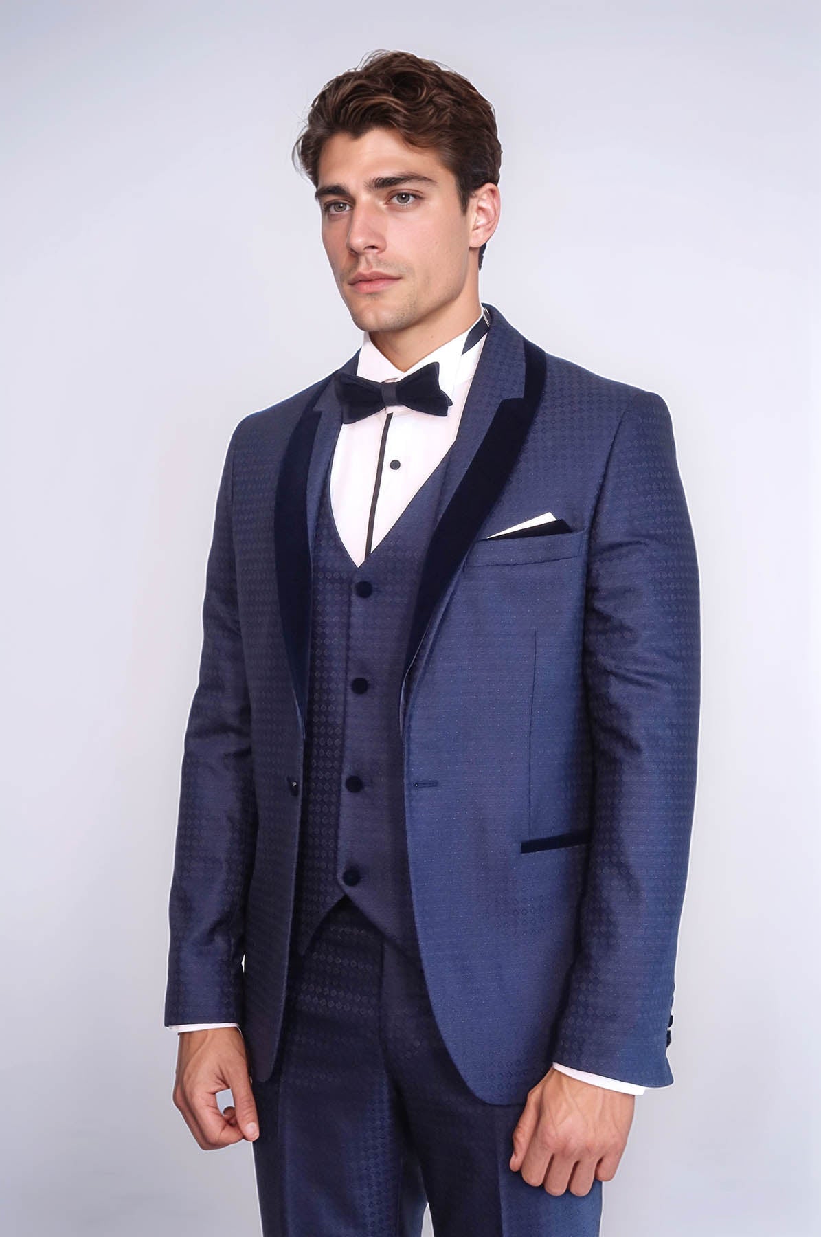Patterned Velvet Lapel Navy Blue Men Tuxedo - Wessi - Luzilly Bridal & Apparel