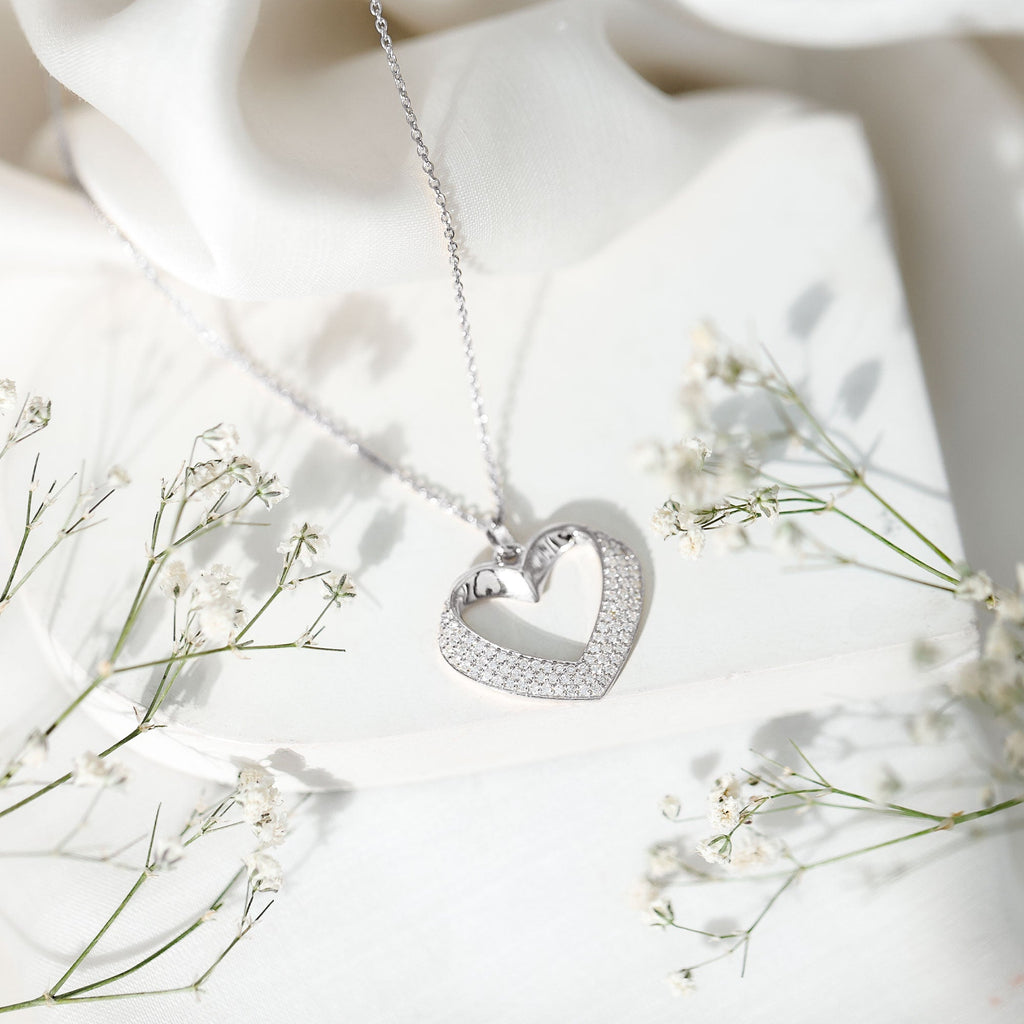 Pave Set Lab Grown Diamond Heart Necklace For Women - Luzilly Bridal & Apparel