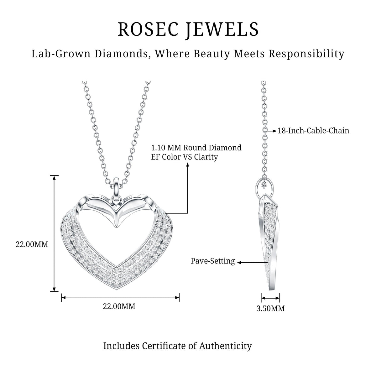 Pave Set Lab Grown Diamond Heart Necklace For Women - Luzilly Bridal & Apparel