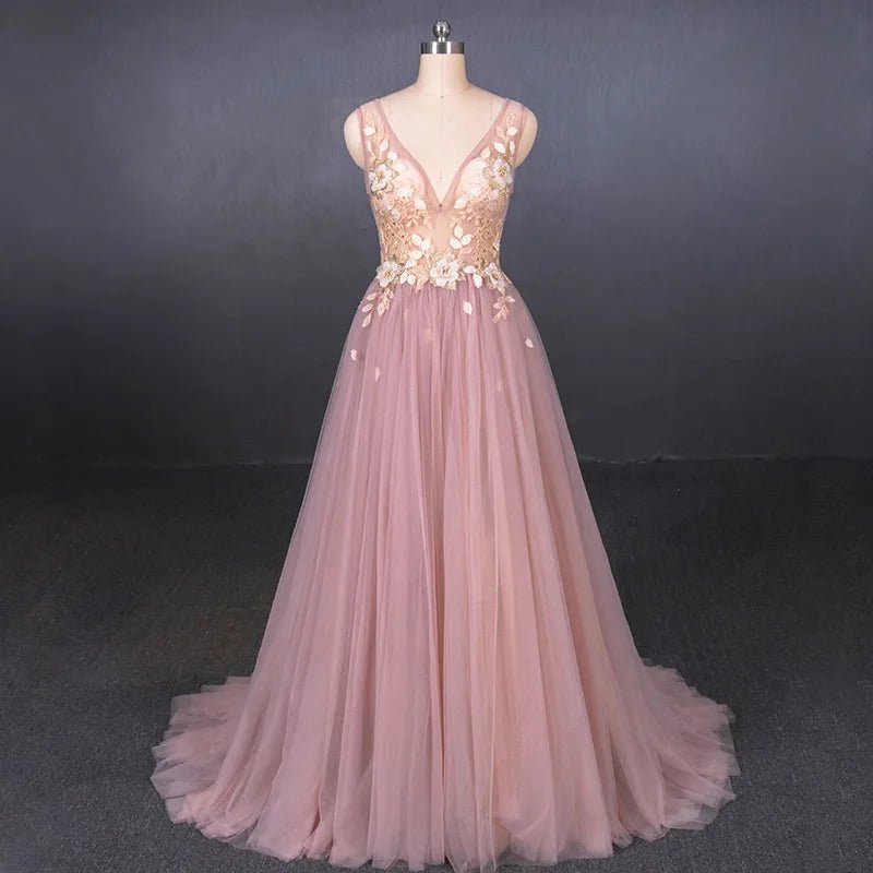 Peach Blossom Pink V-Neck Backless Wedding Dress with Tiered Tulle Skirt - Luzilly Bridal & Apparel