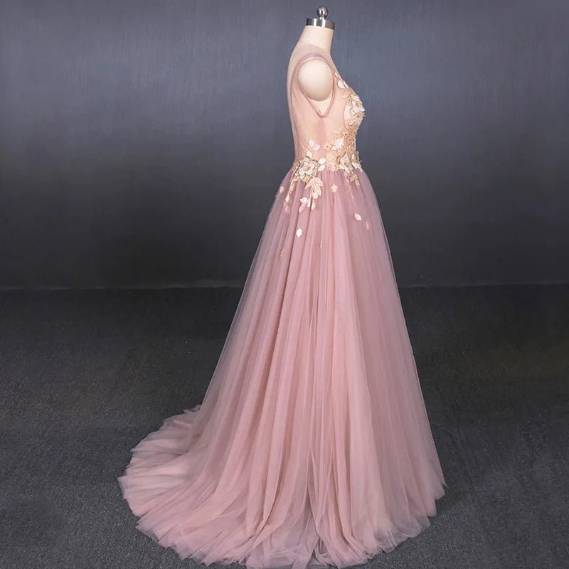 Peach Blossom Pink V-Neck Backless Wedding Dress with Tiered Tulle Skirt - Luzilly Bridal & Apparel