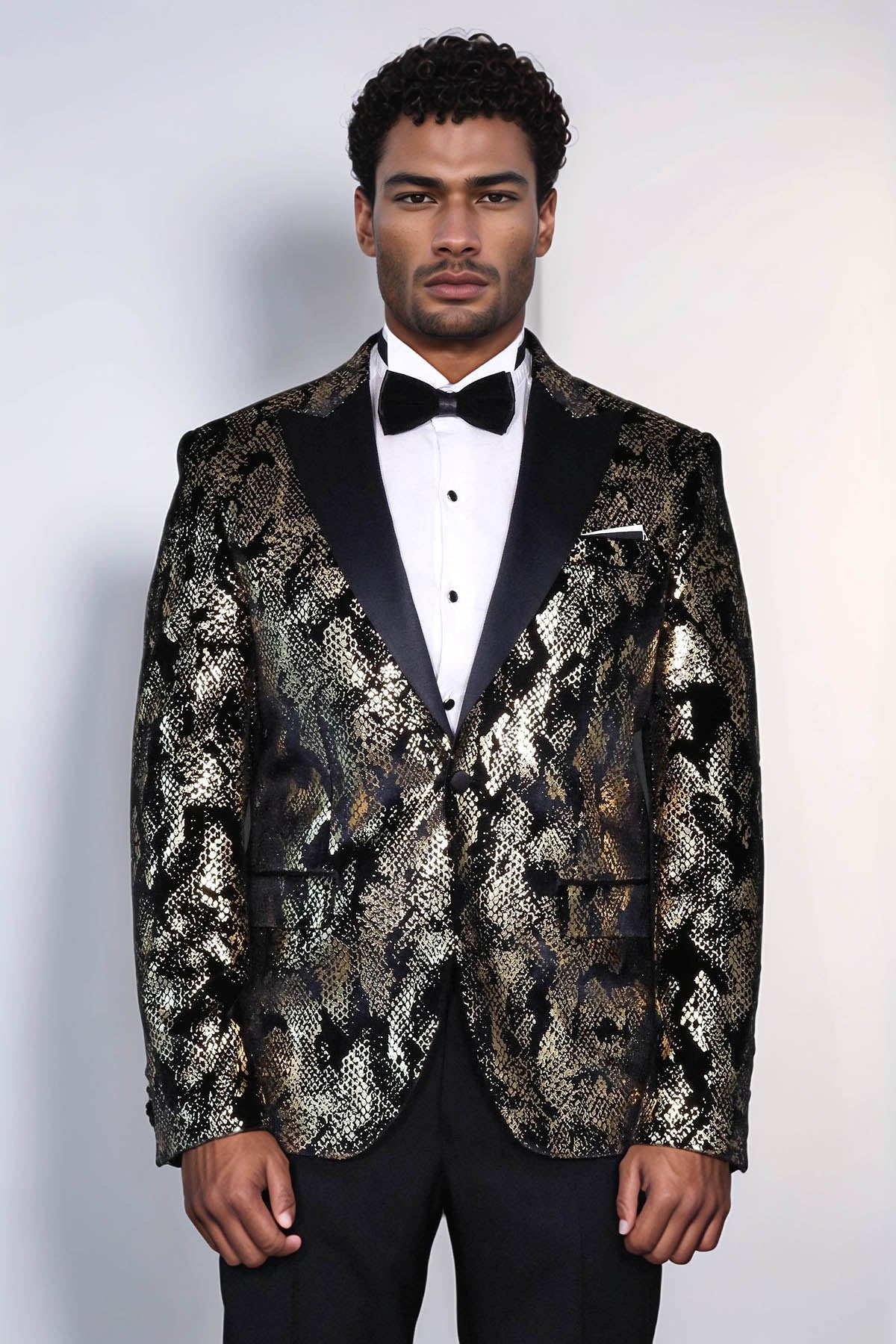 Peak Lapel Slim Fit Gold Patterned Black Men Evening Blazer - Luzilly Bridal & Apparel
