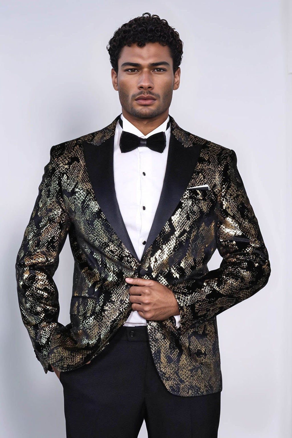 Peak Lapel Slim Fit Gold Patterned Black Men Evening Blazer - Luzilly Bridal & Apparel