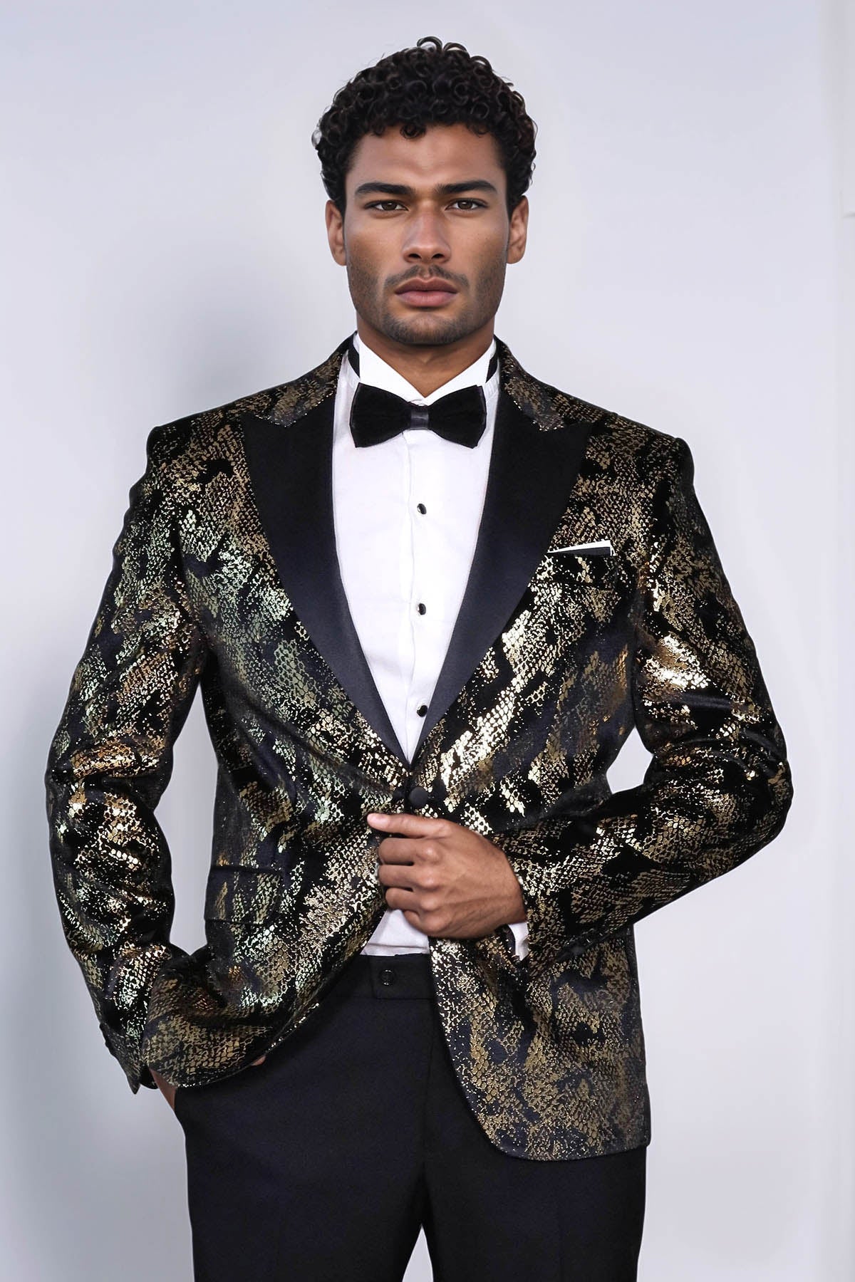 Peak Lapel Slim Fit Gold Patterned Black Men Evening Blazer - Luzilly Bridal & Apparel