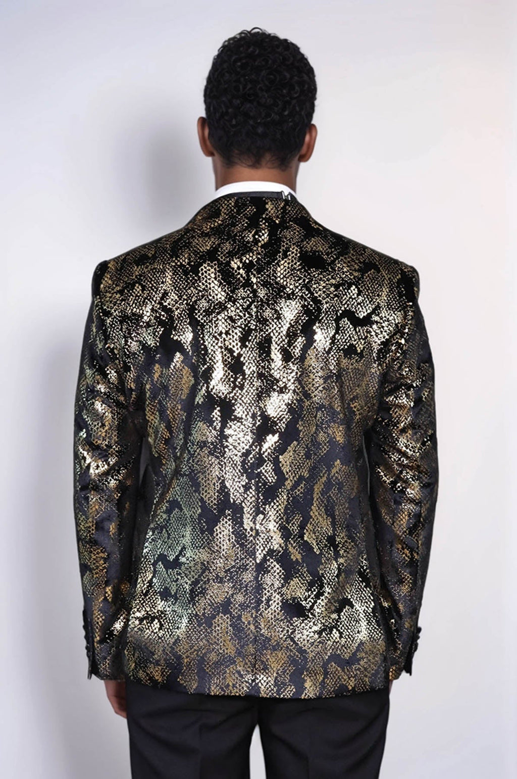 Peak Lapel Slim Fit Gold Patterned Black Men Evening Blazer - Luzilly Bridal & Apparel