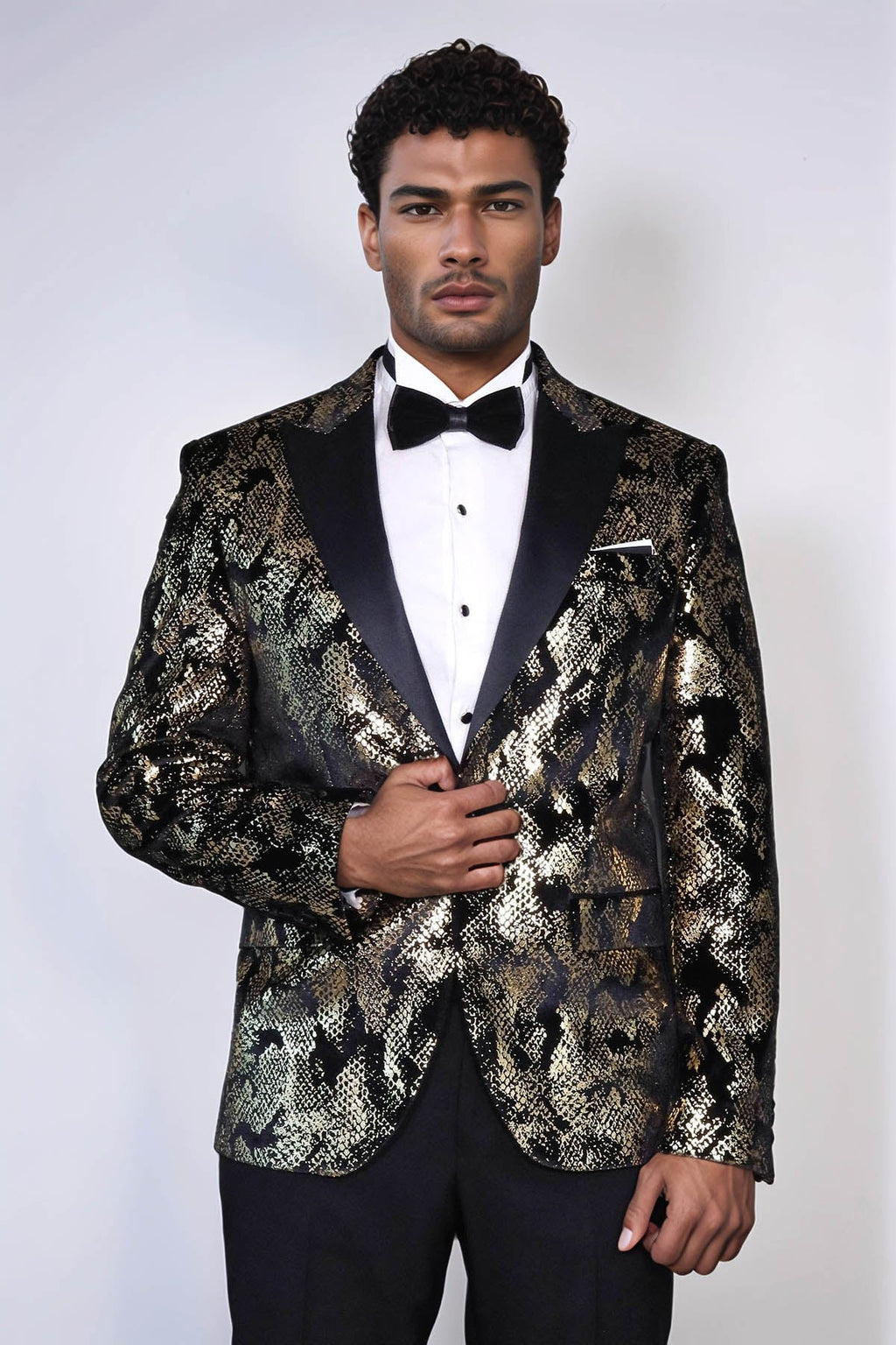 Peak Lapel Slim Fit Gold Patterned Black Men Evening Blazer - Luzilly Bridal & Apparel