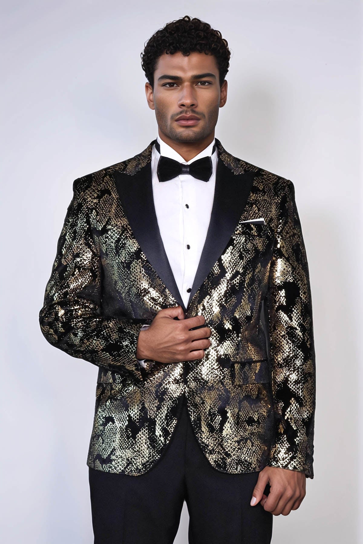 Peak Lapel Slim Fit Gold Patterned Black Men Evening Blazer - Luzilly Bridal & Apparel