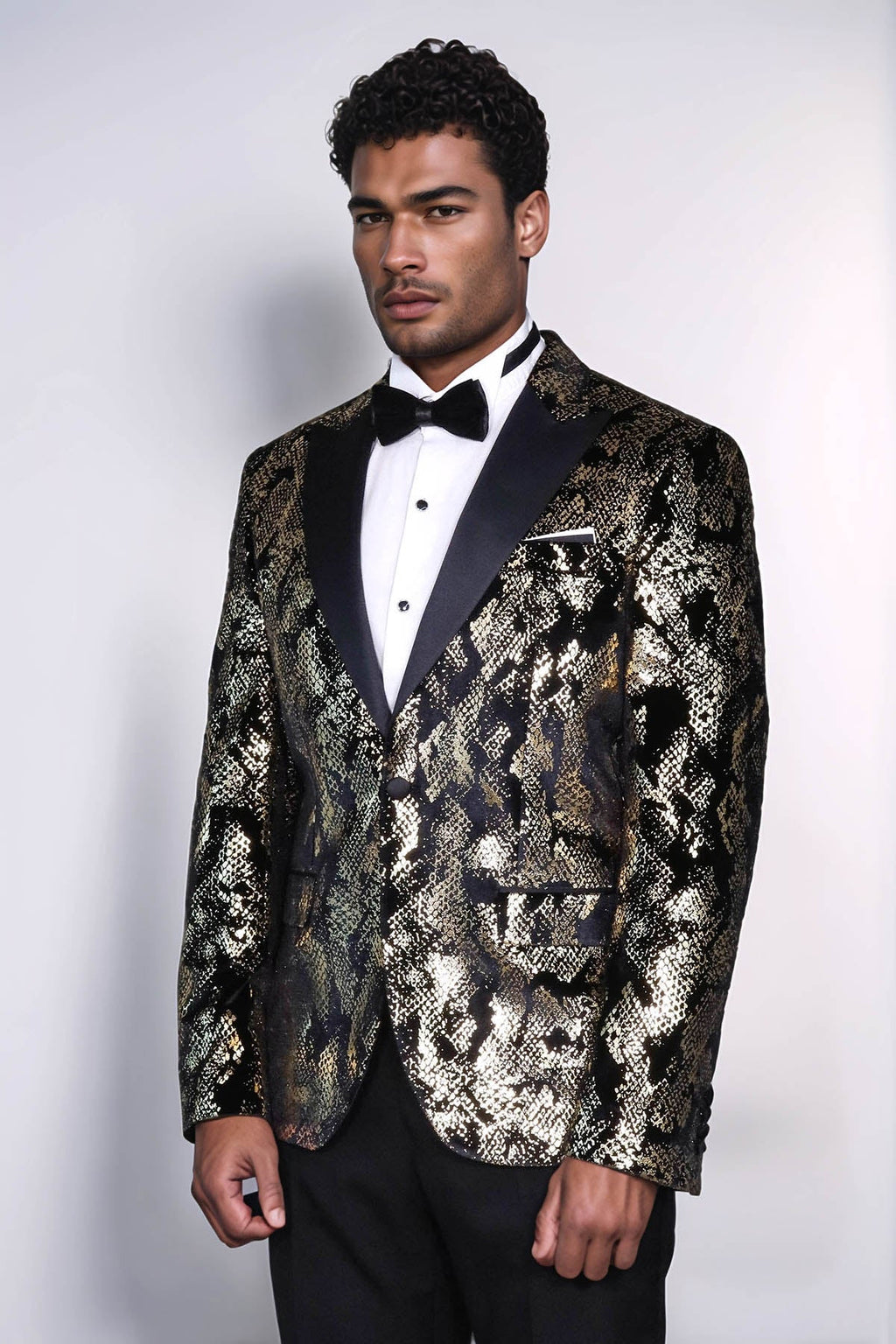 Peak Lapel Slim Fit Gold Patterned Black Men Evening Blazer - Luzilly Bridal & Apparel