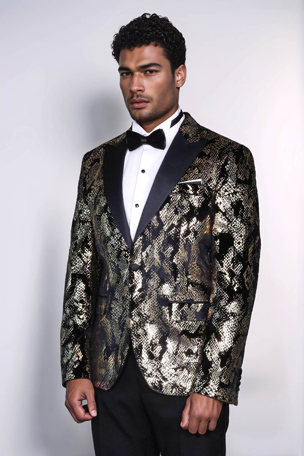 Peak Lapel Slim Fit Gold Patterned Black Men Evening Blazer - Luzilly Bridal & Apparel