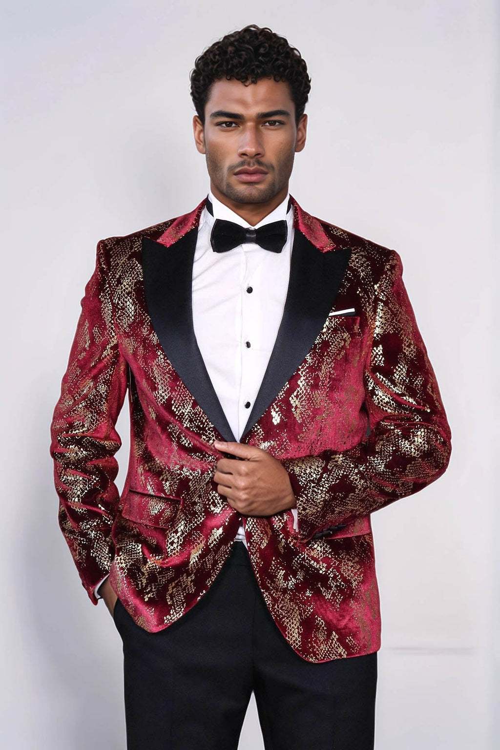 Peak Lapel Slim Fit Gold Patterned Burgundy Men Party Blazer - Wessi - Luzilly Bridal & Apparel