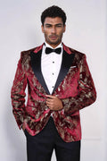 Peak Lapel Slim Fit Gold Patterned Burgundy Men Party Blazer - Wessi - Luzilly Bridal & Apparel