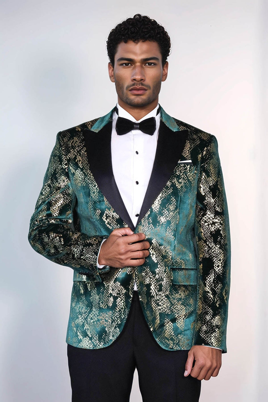 Peak Lapel Slim Fit Gold Patterned Green Men Prom Party Blazer - Luzilly Bridal & Apparel