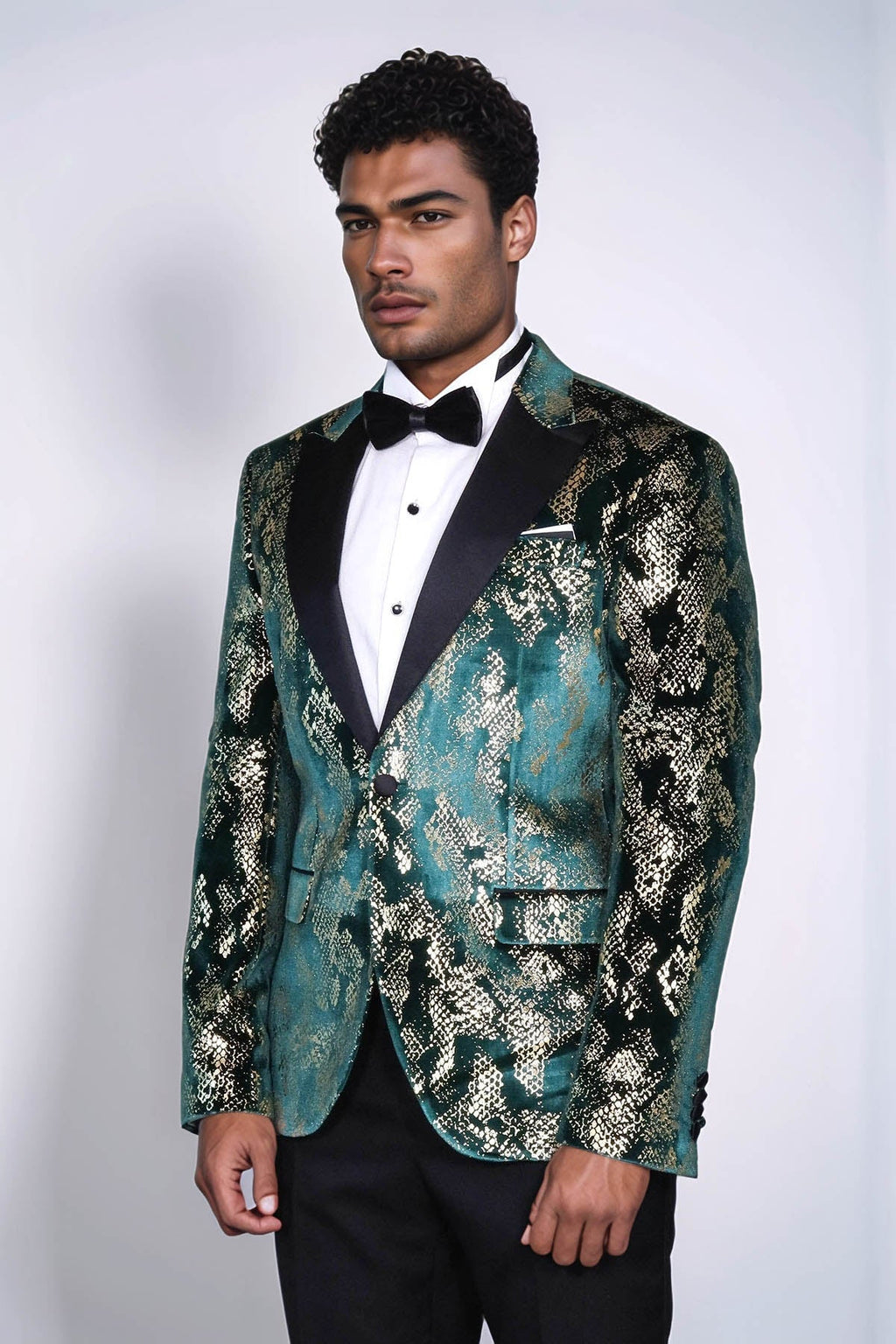 Peak Lapel Slim Fit Gold Patterned Green Men Prom Party Blazer - Luzilly Bridal & Apparel
