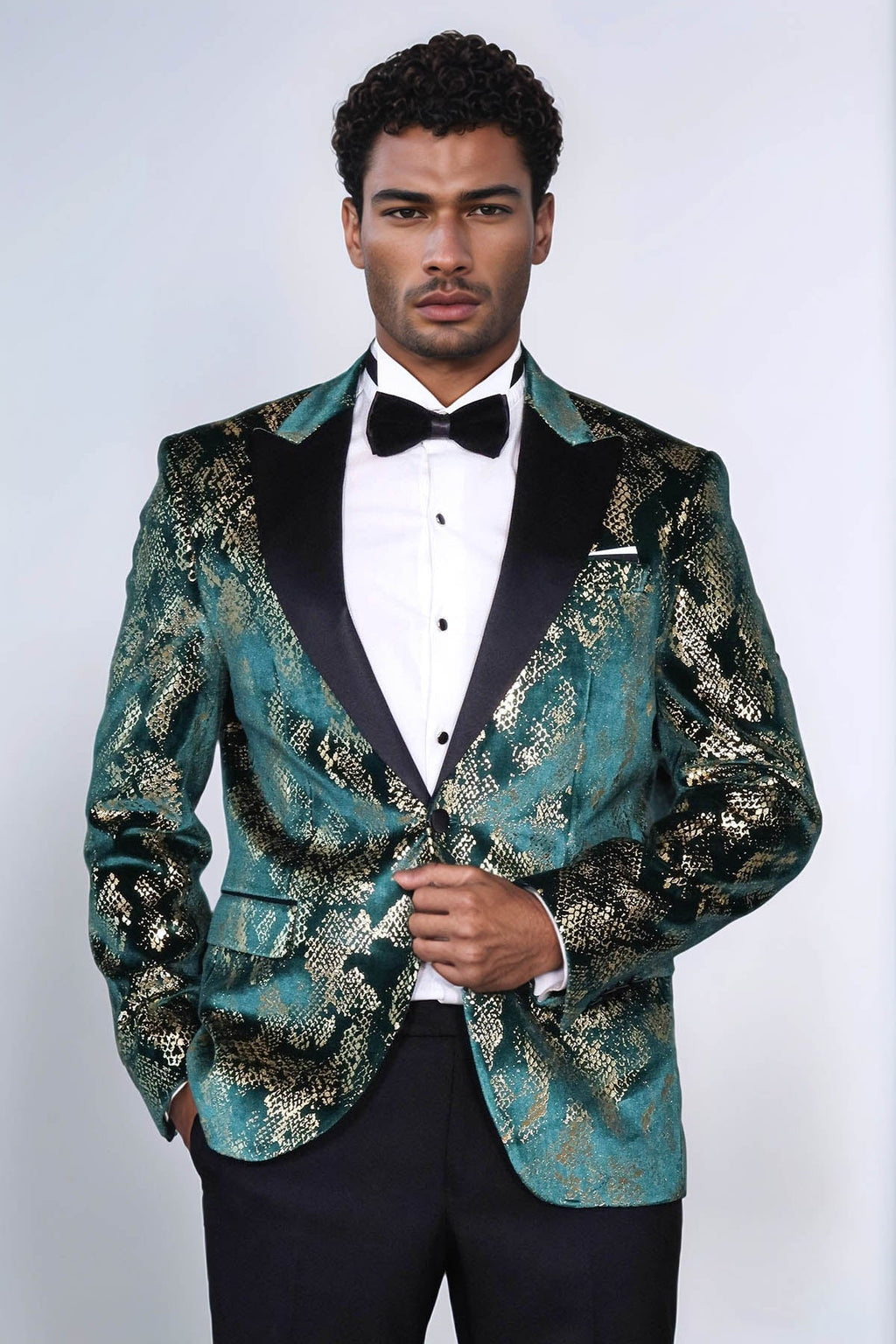 Peak Lapel Slim Fit Gold Patterned Green Men Prom Party Blazer - Luzilly Bridal & Apparel