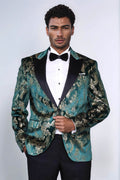 Peak Lapel Slim Fit Gold Patterned Green Men Prom Party Blazer - Luzilly Bridal & Apparel