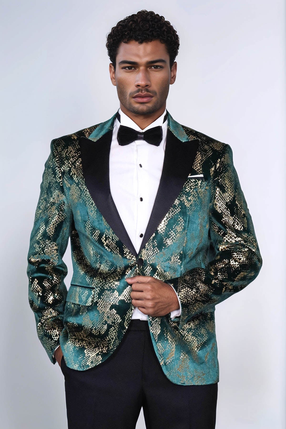 Peak Lapel Slim Fit Gold Patterned Green Men Prom Party Blazer - Luzilly Bridal & Apparel
