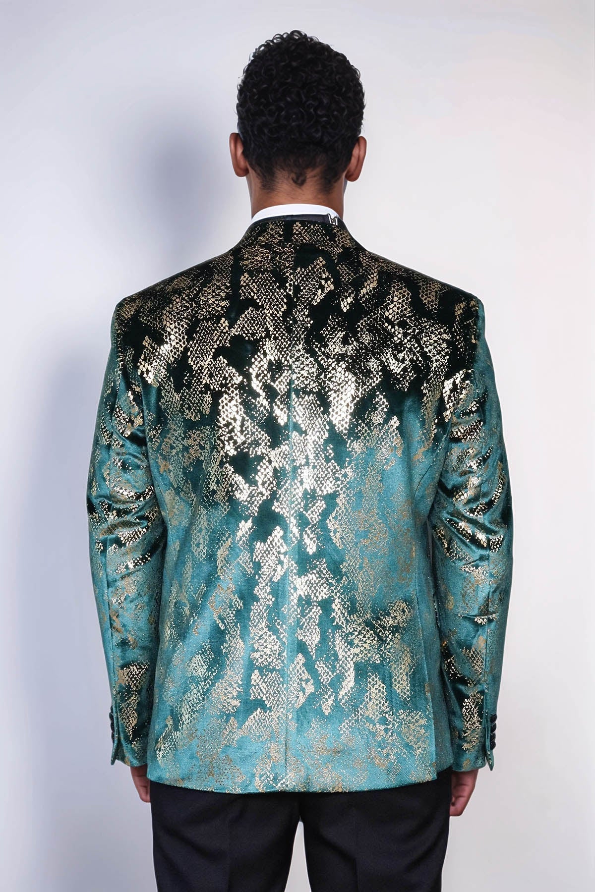 Peak Lapel Slim Fit Gold Patterned Green Men Prom Party Blazer - Luzilly Bridal & Apparel