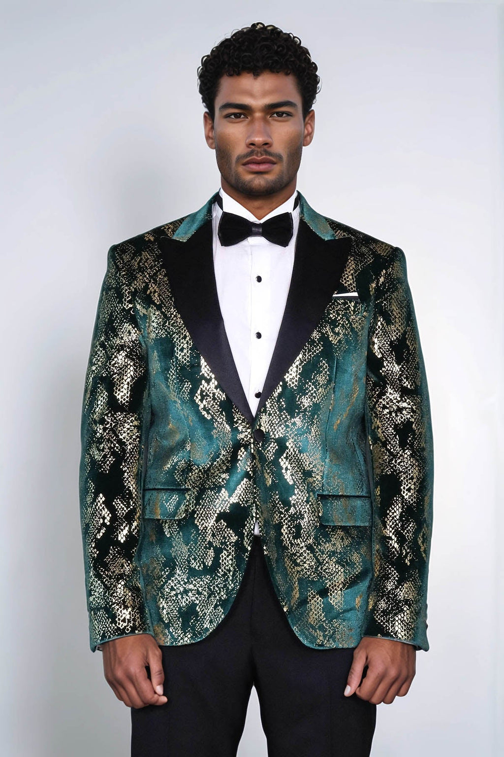 Peak Lapel Slim Fit Gold Patterned Green Men Prom Party Blazer - Luzilly Bridal & Apparel