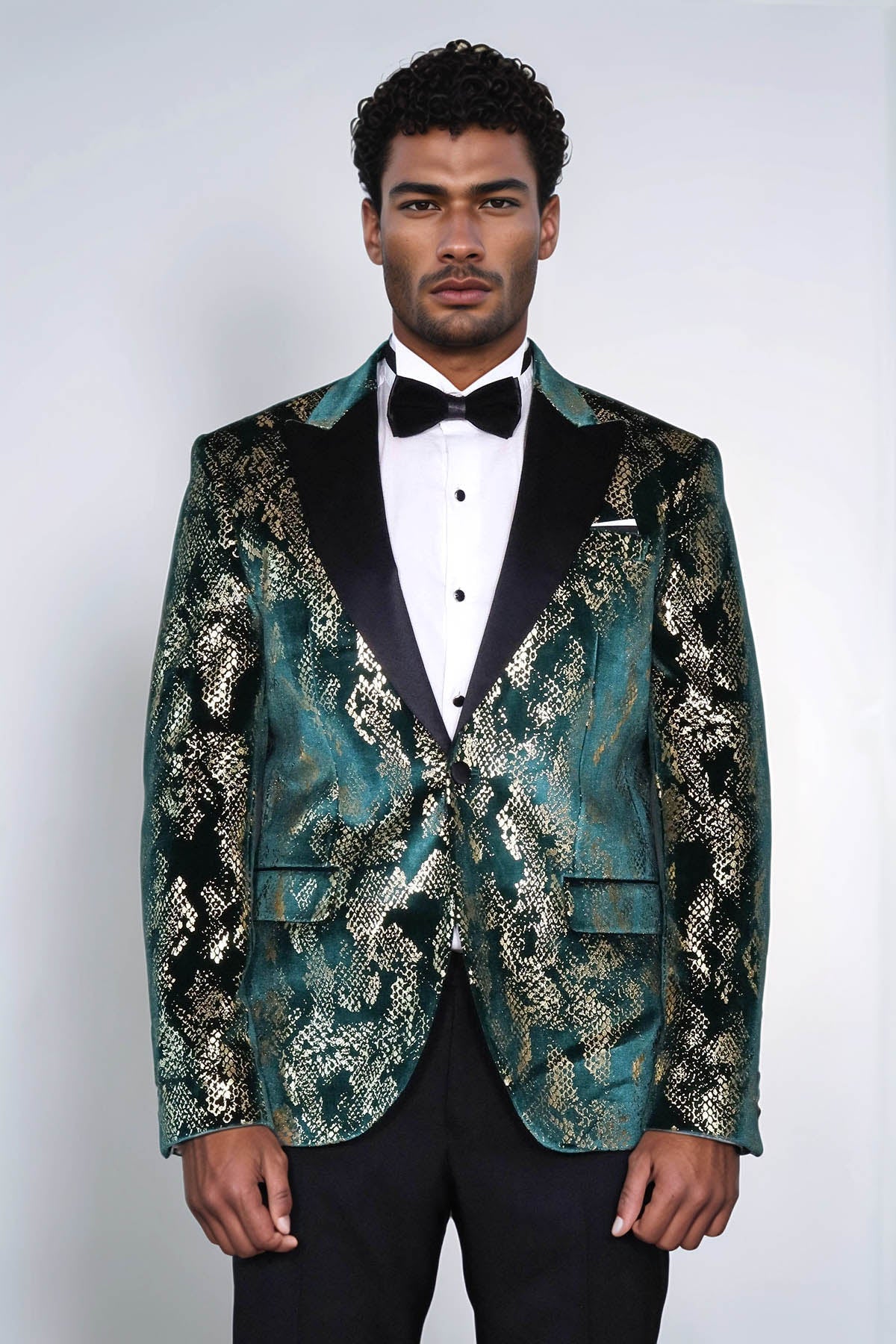 Peak Lapel Slim Fit Gold Patterned Green Men Prom Party Blazer - Luzilly Bridal & Apparel