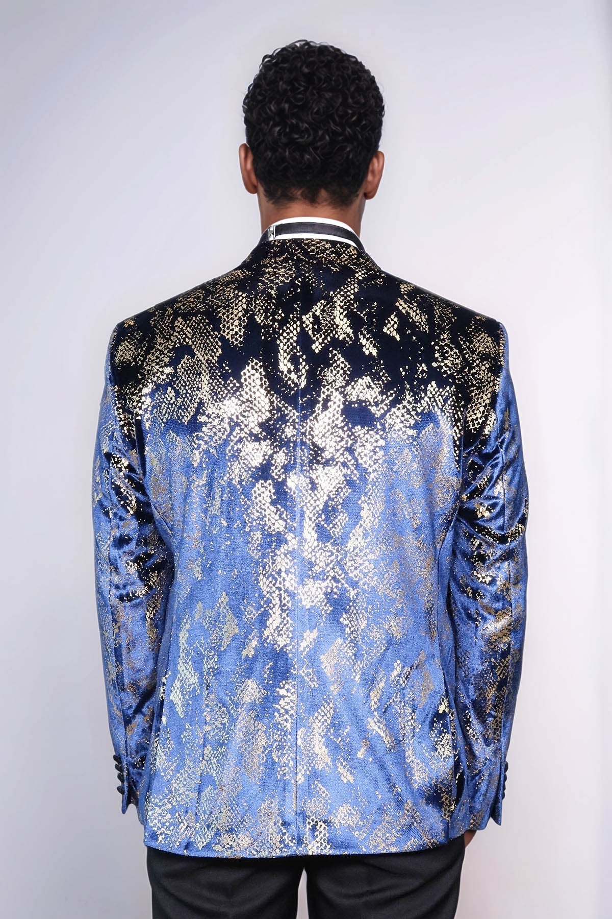 Peak Lapel Slim Fit Gold Patterned Navy Blue Men Party Blazer - Luzilly Bridal & Apparel