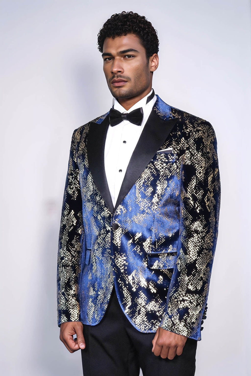 Peak Lapel Slim Fit Gold Patterned Navy Blue Men Party Blazer - Luzilly Bridal & Apparel