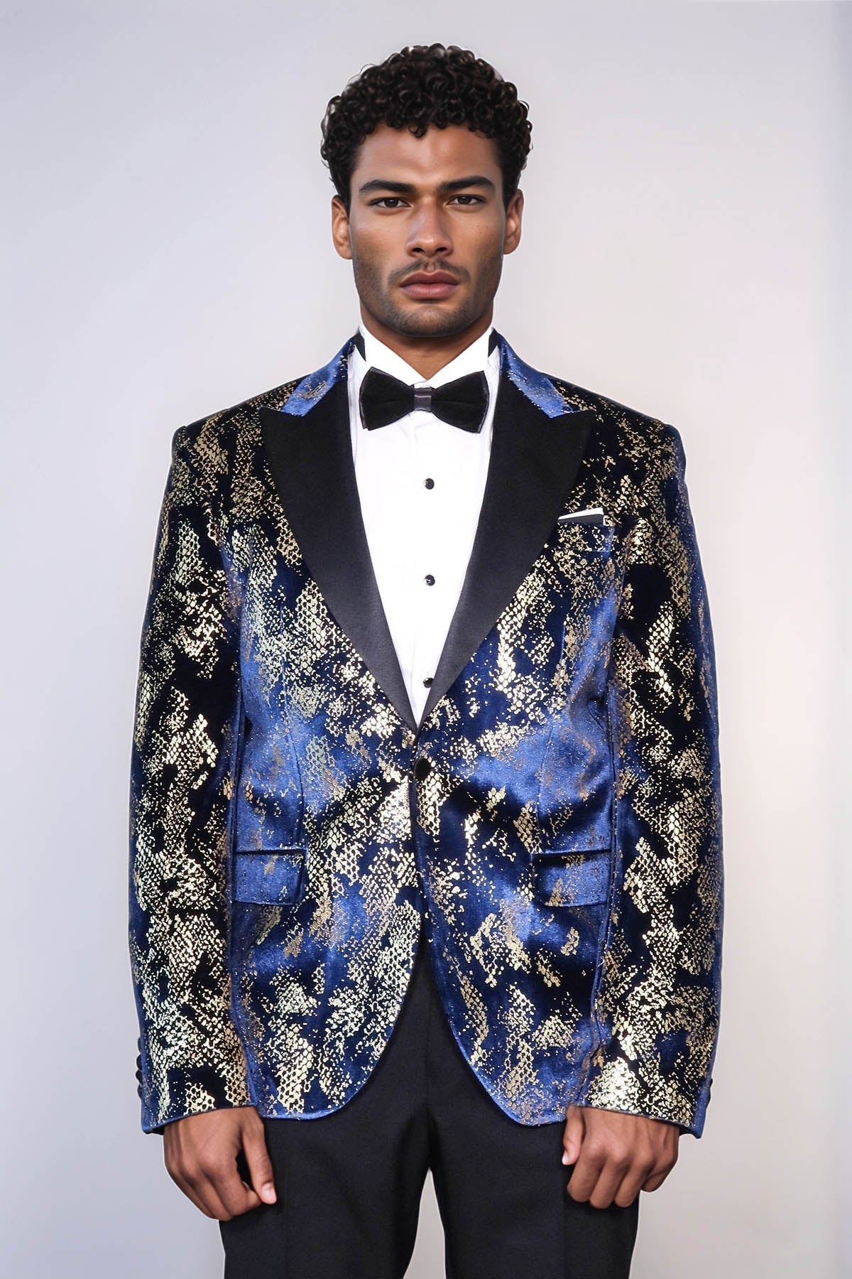 Peak Lapel Slim Fit Gold Patterned Navy Blue Men Party Blazer - Luzilly Bridal & Apparel