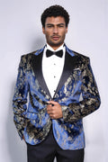 Peak Lapel Slim Fit Gold Patterned Navy Blue Men Party Blazer - Luzilly Bridal & Apparel
