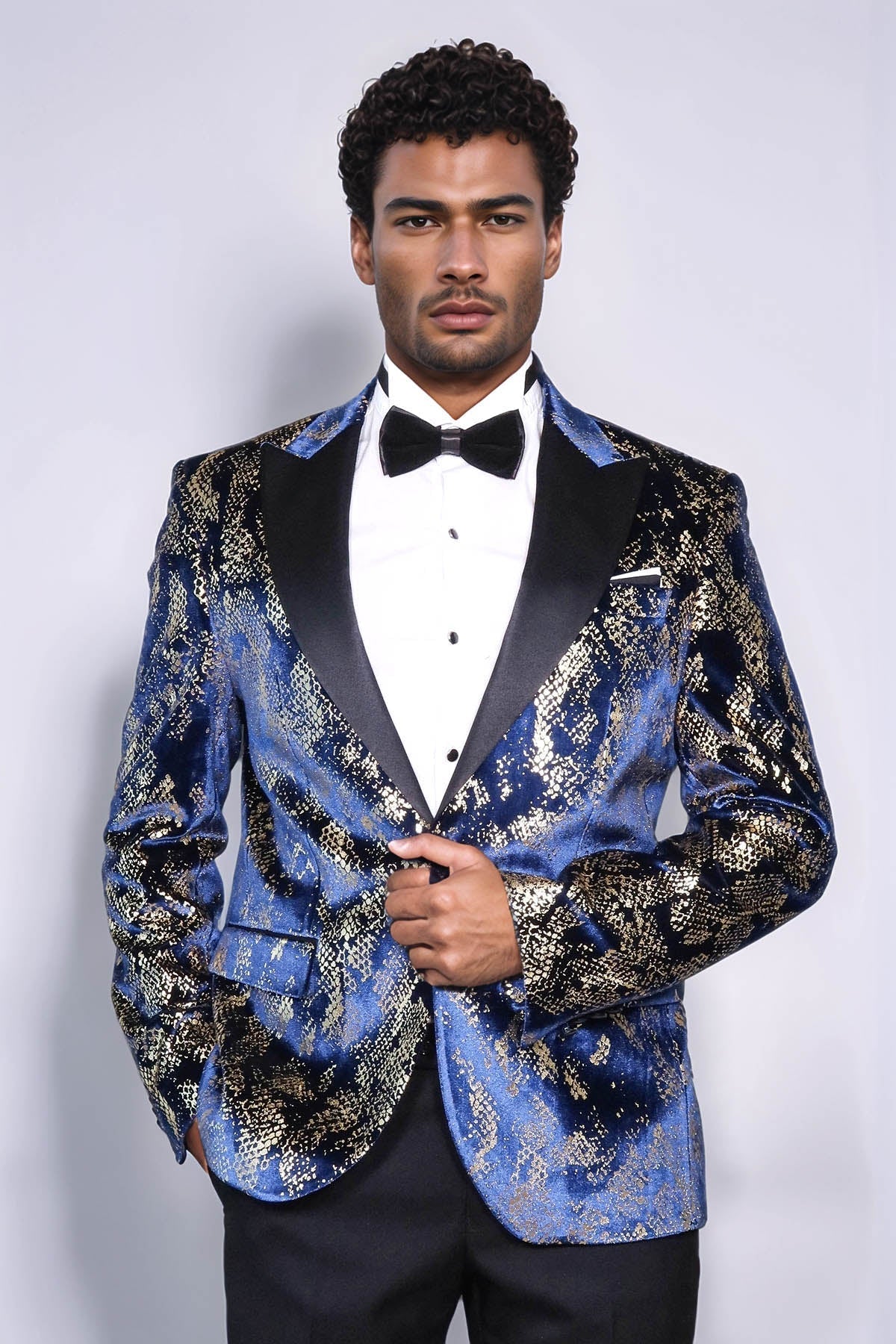 Peak Lapel Slim Fit Gold Patterned Navy Blue Men Party Blazer - Luzilly Bridal & Apparel