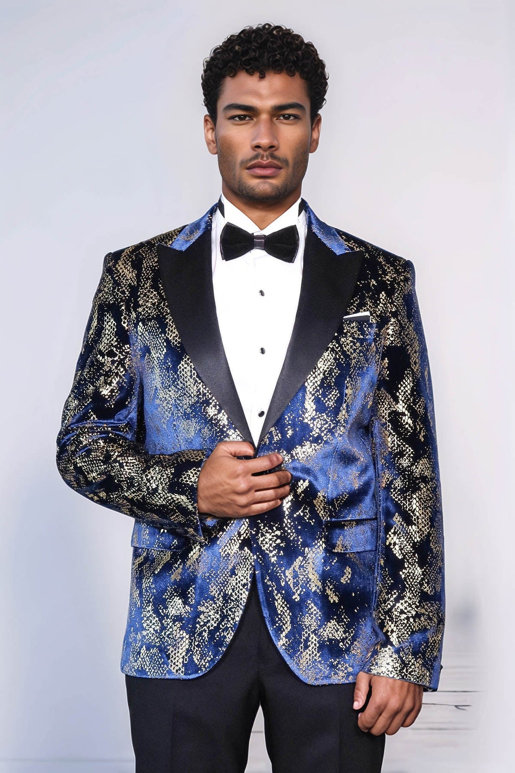 Peak Lapel Slim Fit Gold Patterned Navy Blue Men Party Blazer - Luzilly Bridal & Apparel