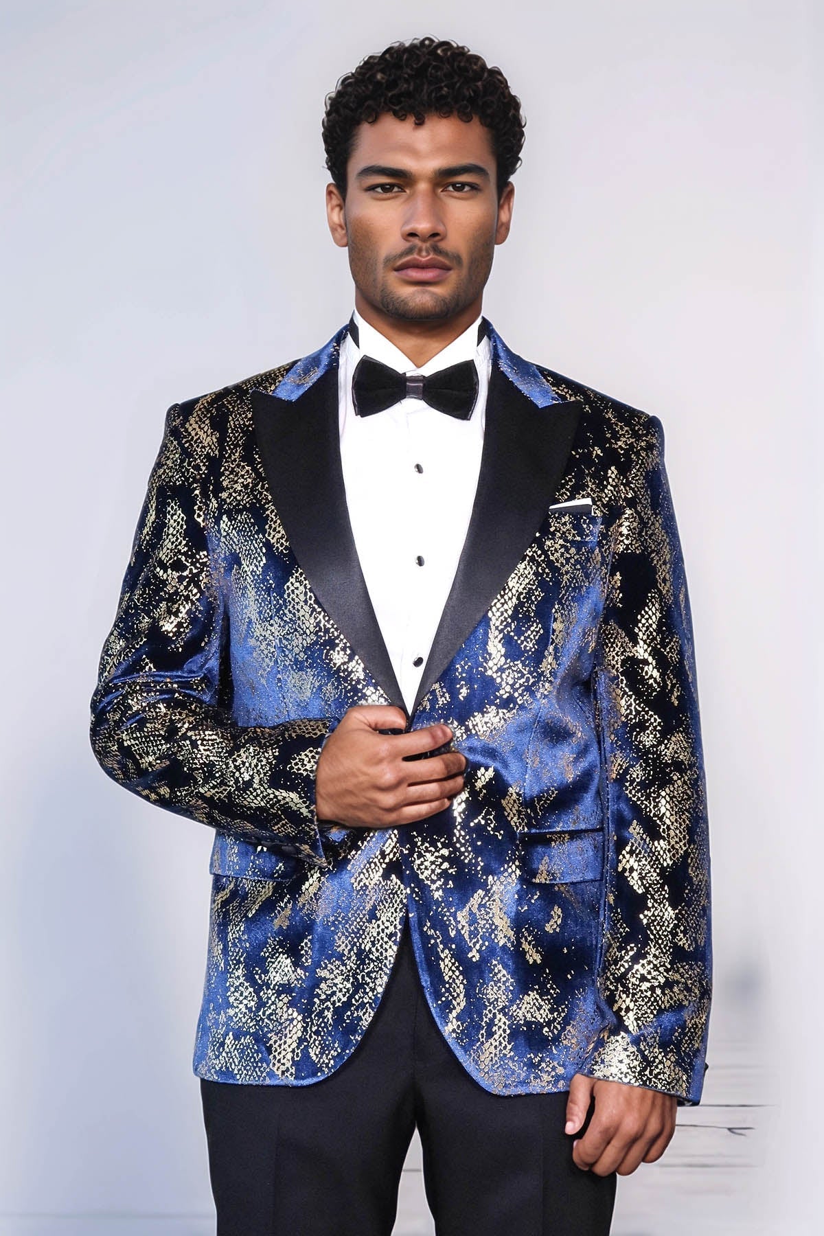 Peak Lapel Slim Fit Gold Patterned Navy Blue Men Party Blazer - Luzilly Bridal & Apparel