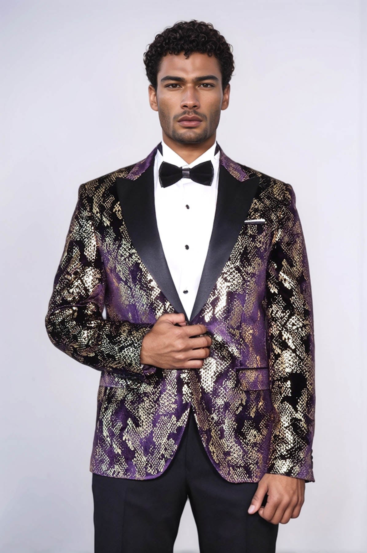 Peak Lapel Slim Fit Gold Patterned Purple Men Singer Tuxedo Blazer - Luzilly Bridal & Apparel