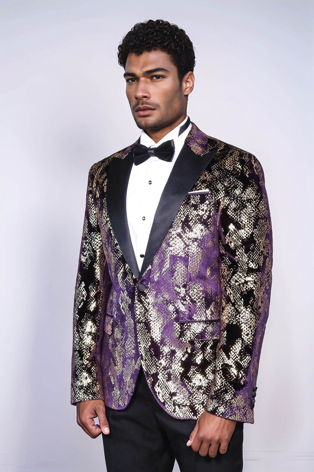 Peak Lapel Slim Fit Gold Patterned Purple Men Singer Tuxedo Blazer - Luzilly Bridal & Apparel