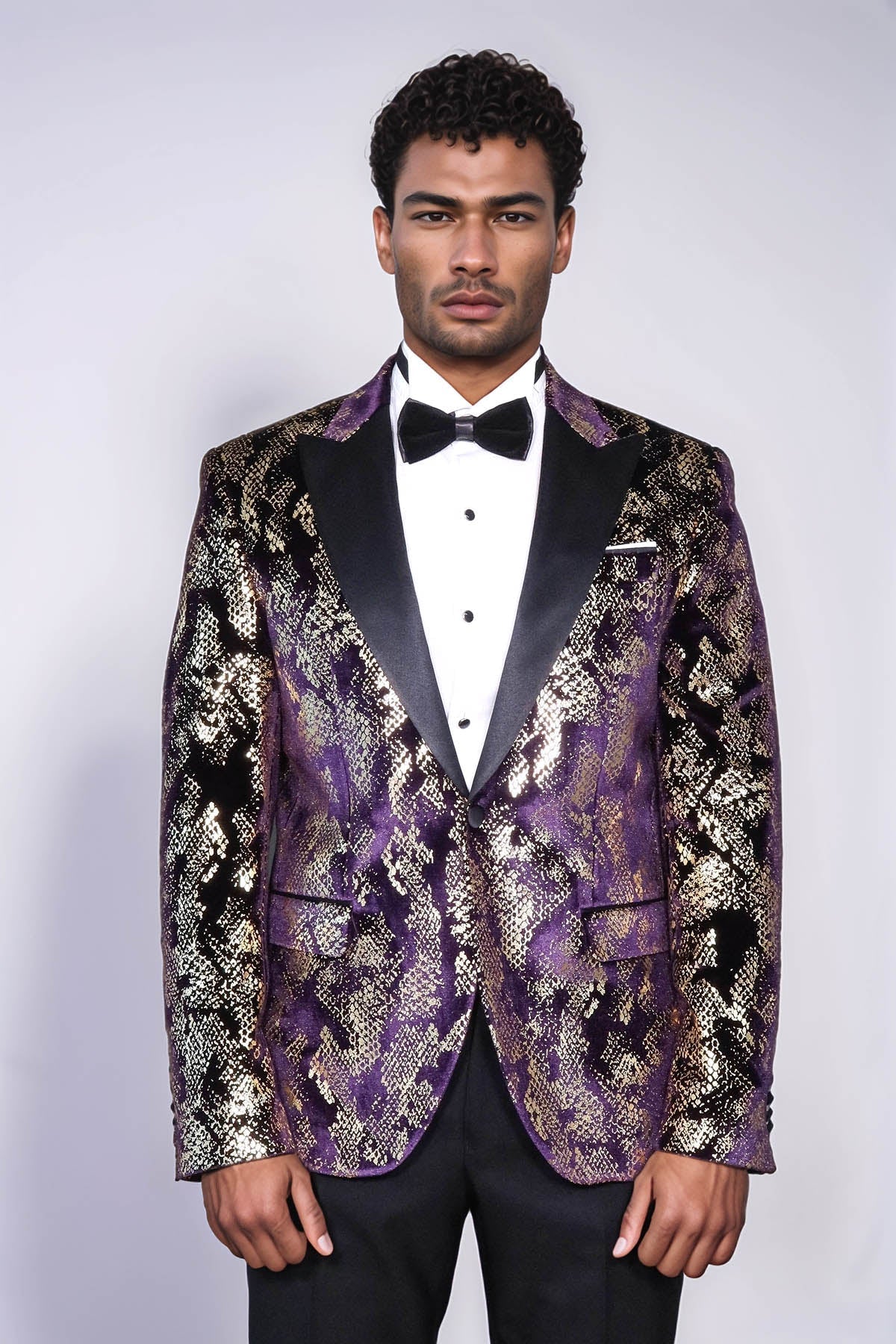 Peak Lapel Slim Fit Gold Patterned Purple Men Singer Tuxedo Blazer - Luzilly Bridal & Apparel