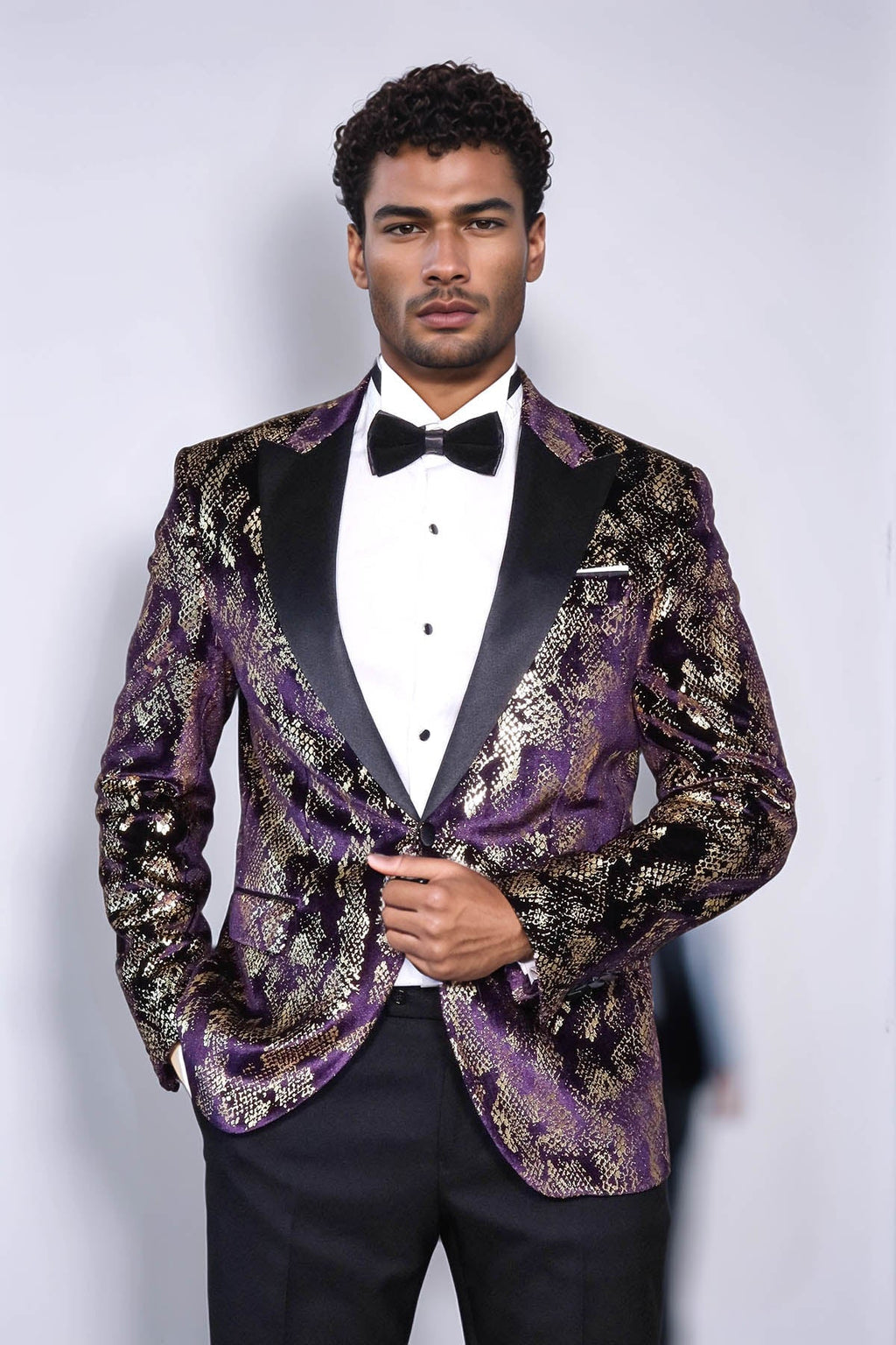 Peak Lapel Slim Fit Gold Patterned Purple Men Singer Tuxedo Blazer - Luzilly Bridal & Apparel