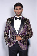 Peak Lapel Slim Fit Gold Patterned Purple Men Singer Tuxedo Blazer - Luzilly Bridal & Apparel