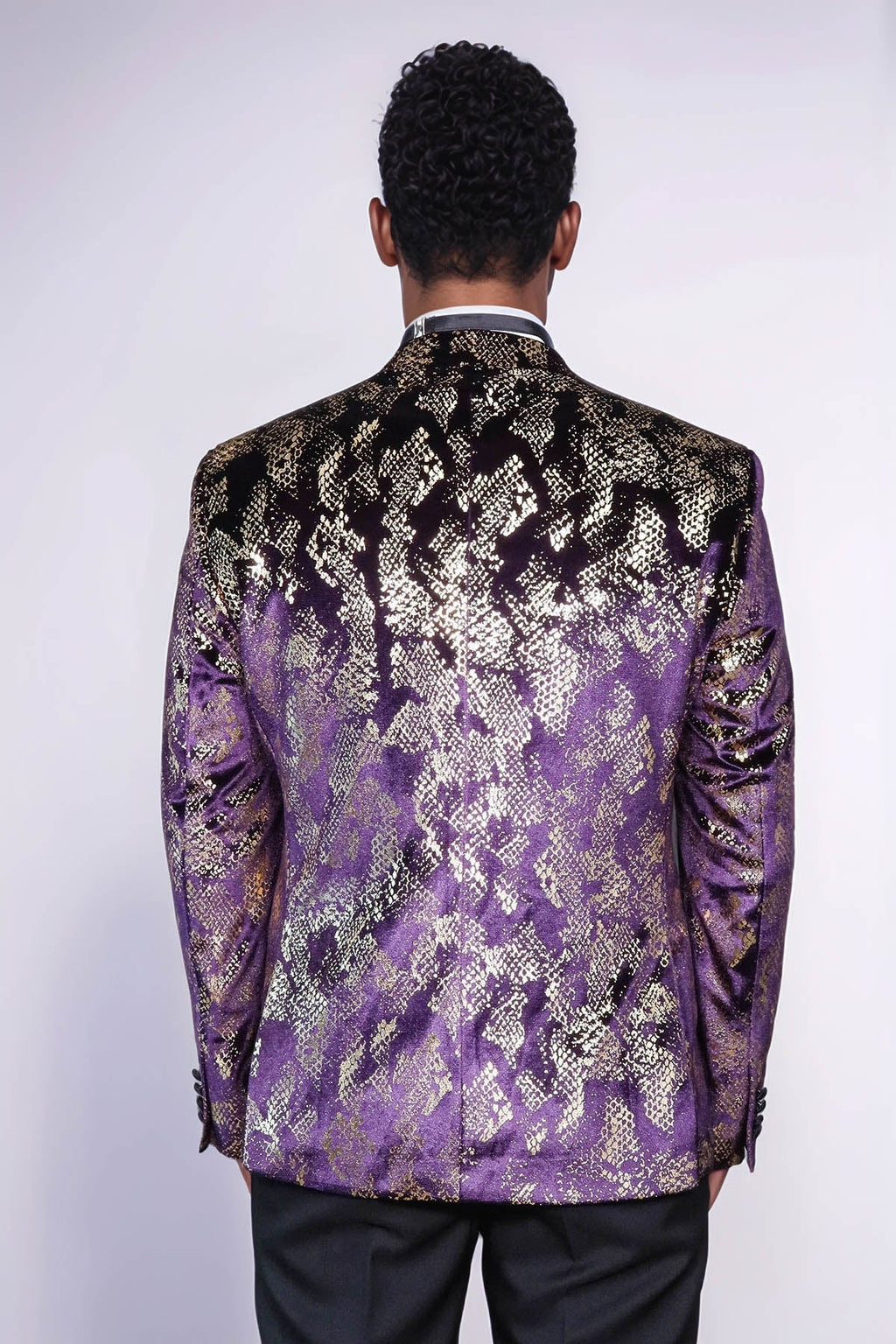 Peak Lapel Slim Fit Gold Patterned Purple Men Singer Tuxedo Blazer - Luzilly Bridal & Apparel