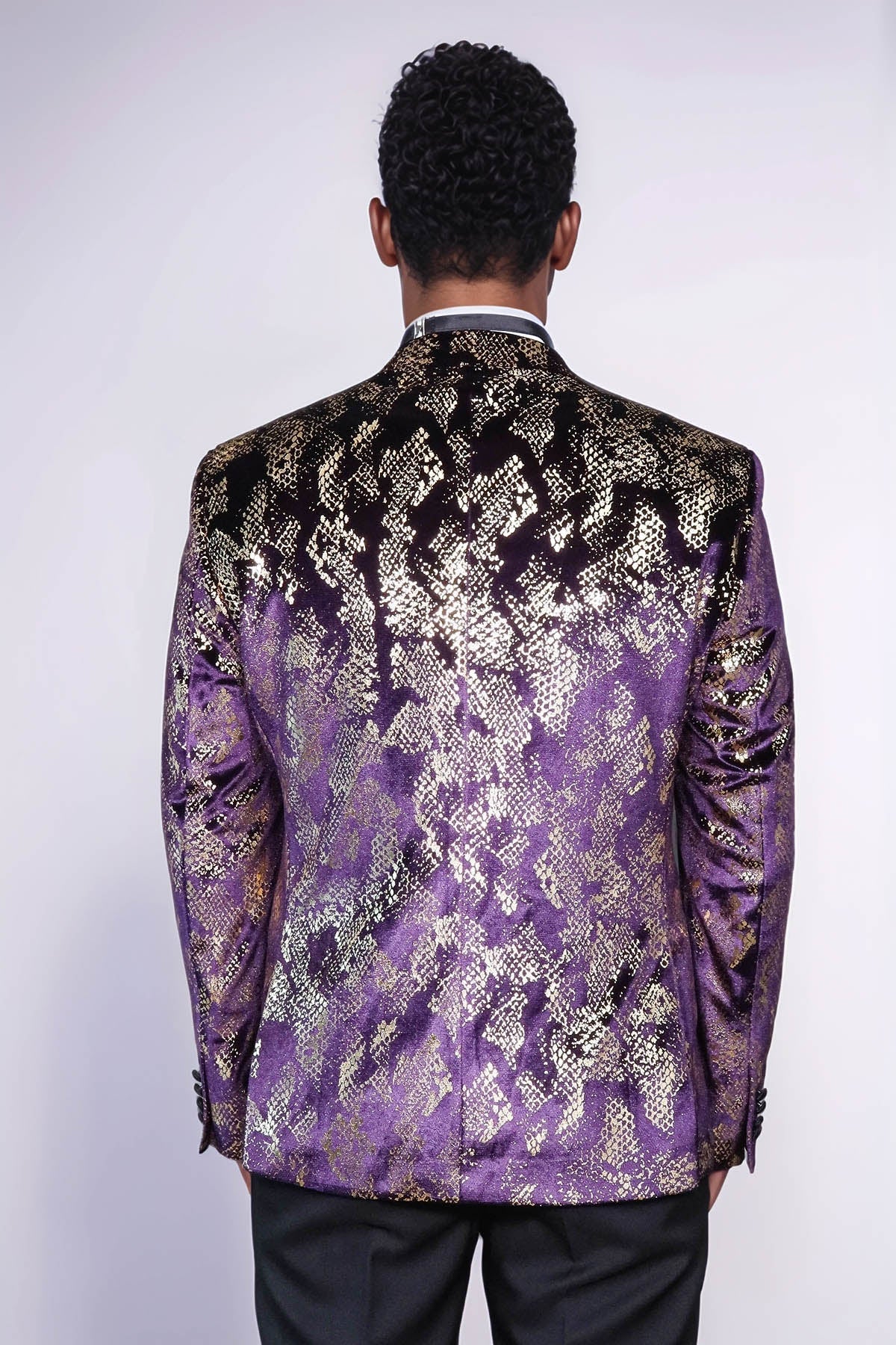 Peak Lapel Slim Fit Gold Patterned Purple Men Singer Tuxedo Blazer - Luzilly Bridal & Apparel