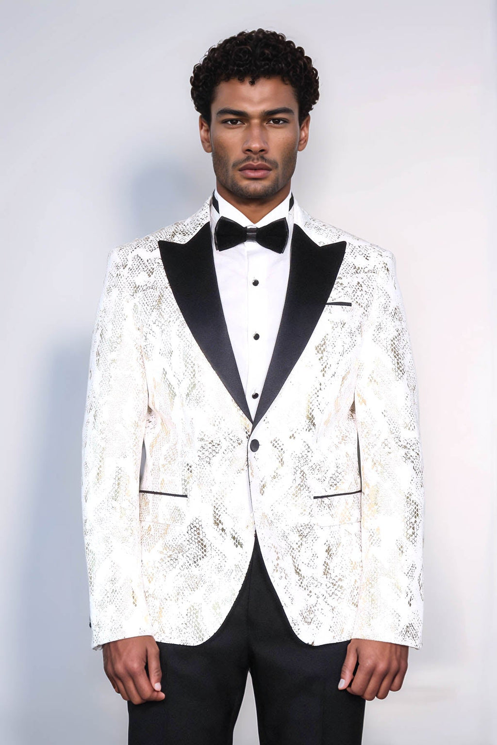 Peak Lapel Slim Fit Gold Patterned White Men Dinner Jacket - Wessi - Luzilly Bridal & Apparel