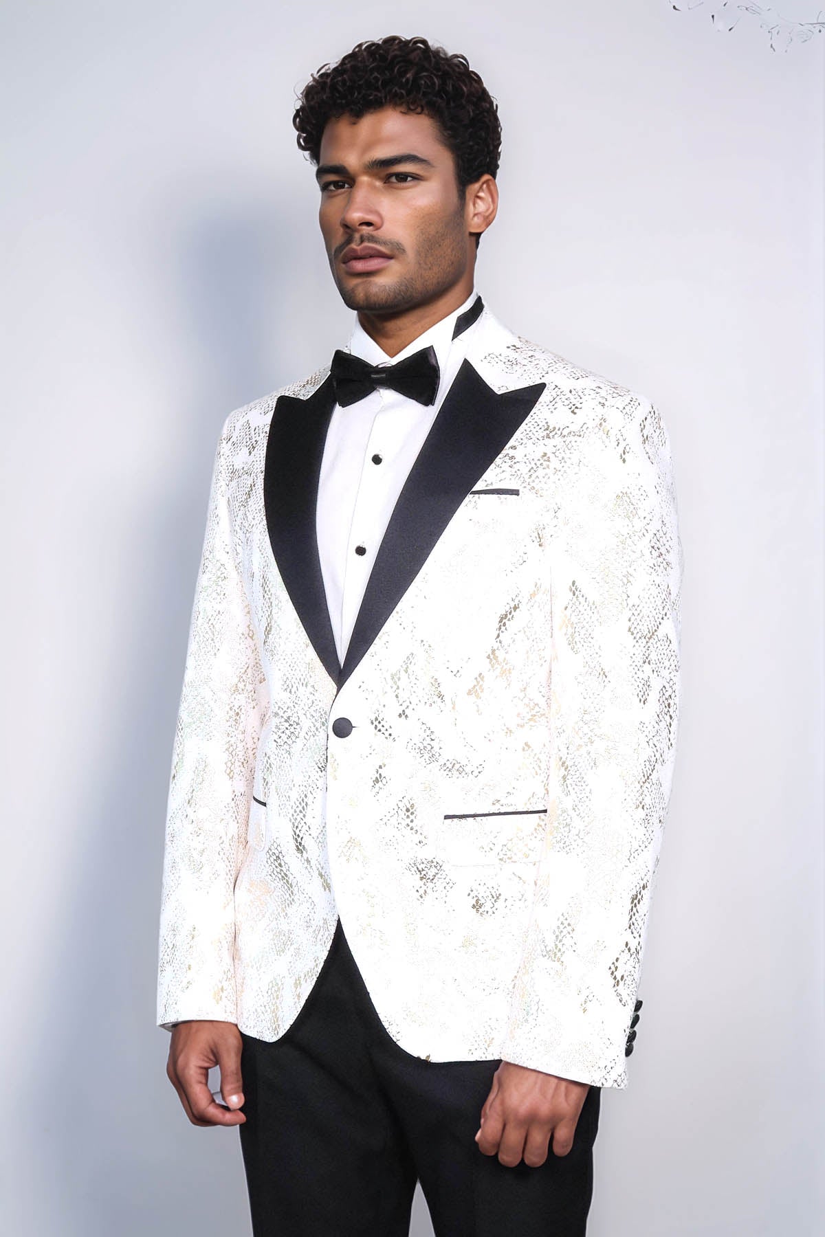 Peak Lapel Slim Fit Gold Patterned White Men Dinner Jacket - Wessi - Luzilly Bridal & Apparel