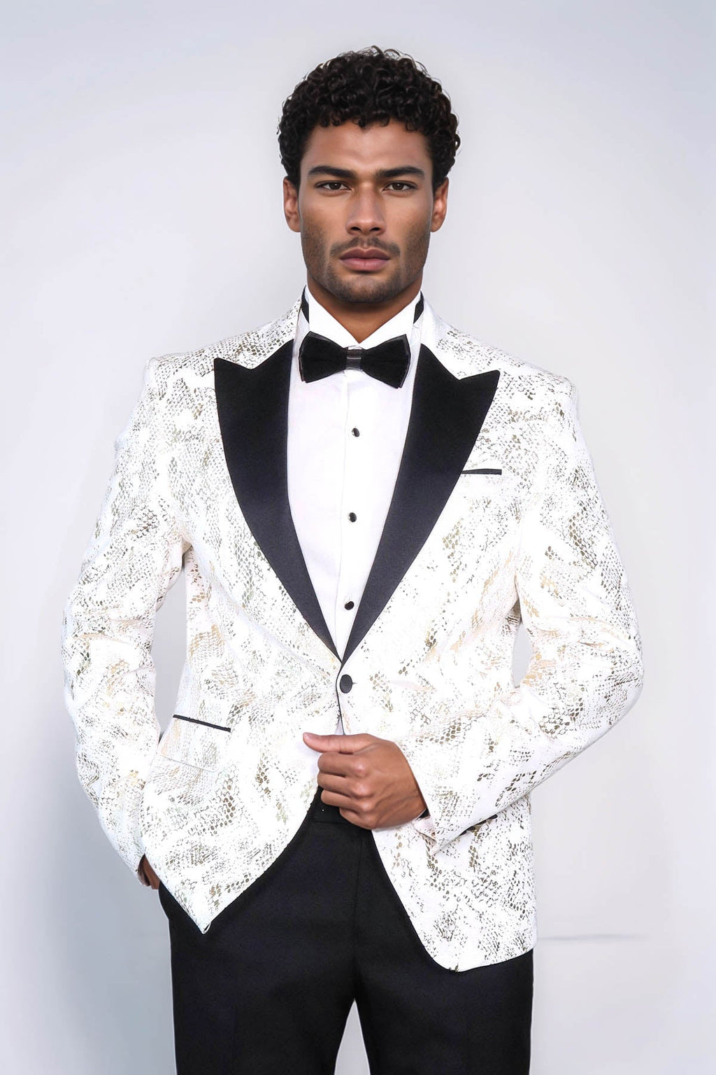 Peak Lapel Slim Fit Gold Patterned White Men Dinner Jacket - Wessi - Luzilly Bridal & Apparel