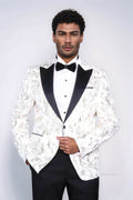 Peak Lapel Slim Fit Gold Patterned White Men Dinner Jacket - Wessi - Luzilly Bridal & Apparel