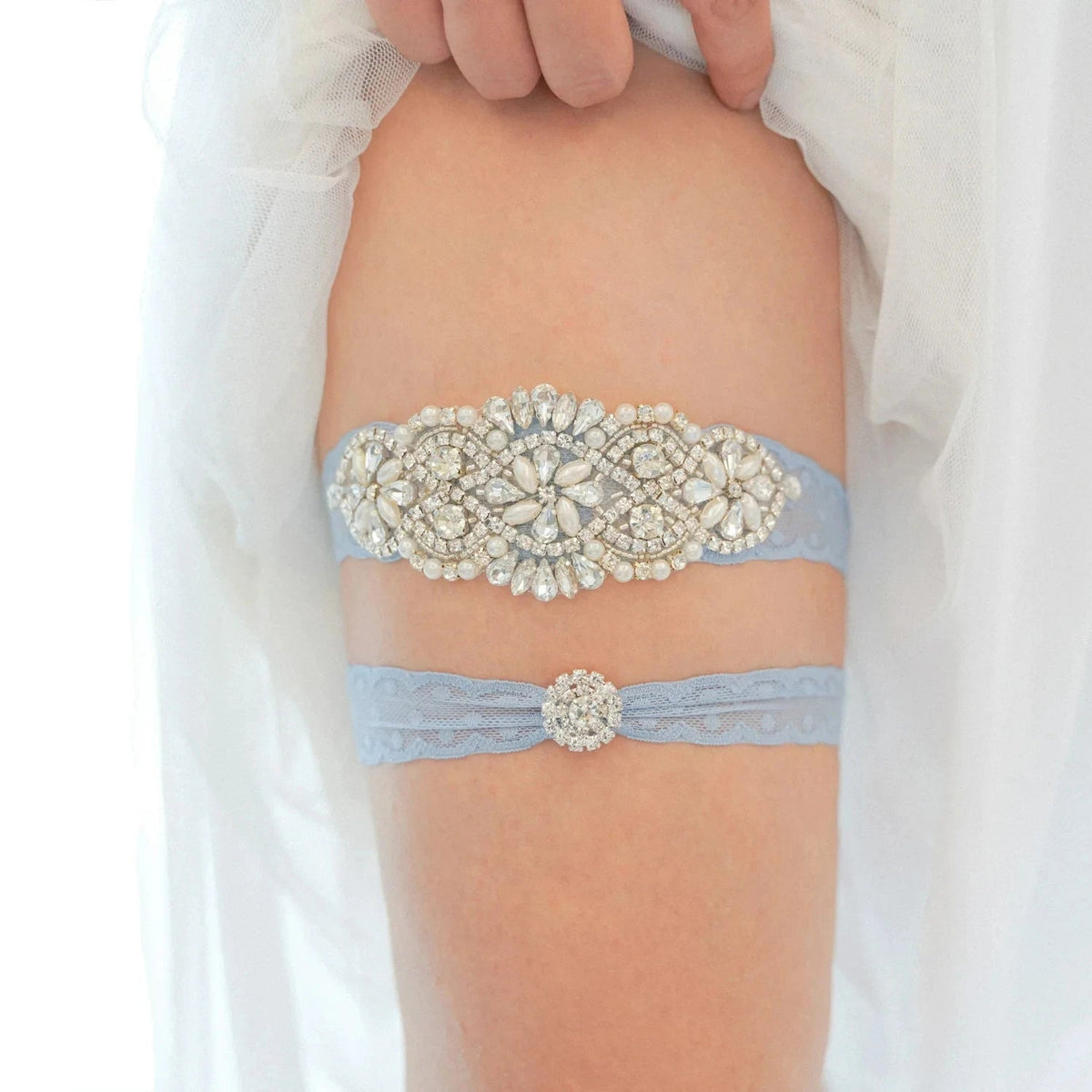Pearl and Crystal Bridal Garter Set in Sky Blue - Luzilly Bridal & Apparel