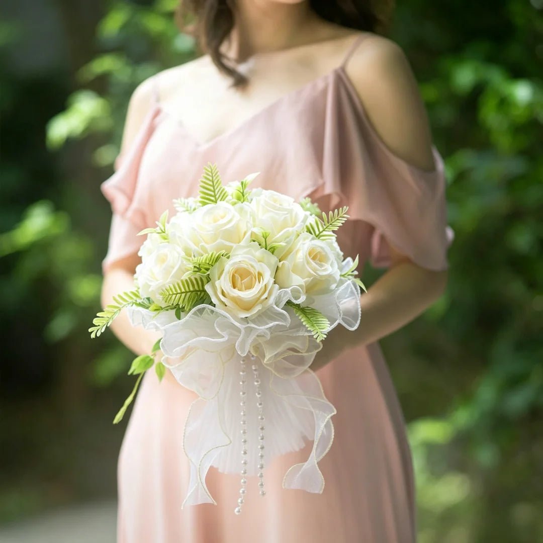 Pearl and Lace Silk Rose Bridal Bouquet - Luzilly Bridal & Apparel