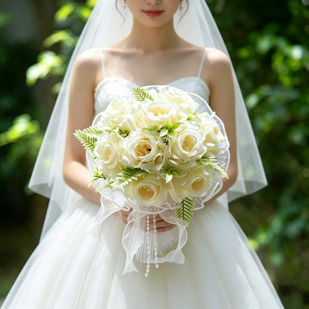Pearl and Lace Silk Rose Bridal Bouquet - Luzilly Bridal & Apparel