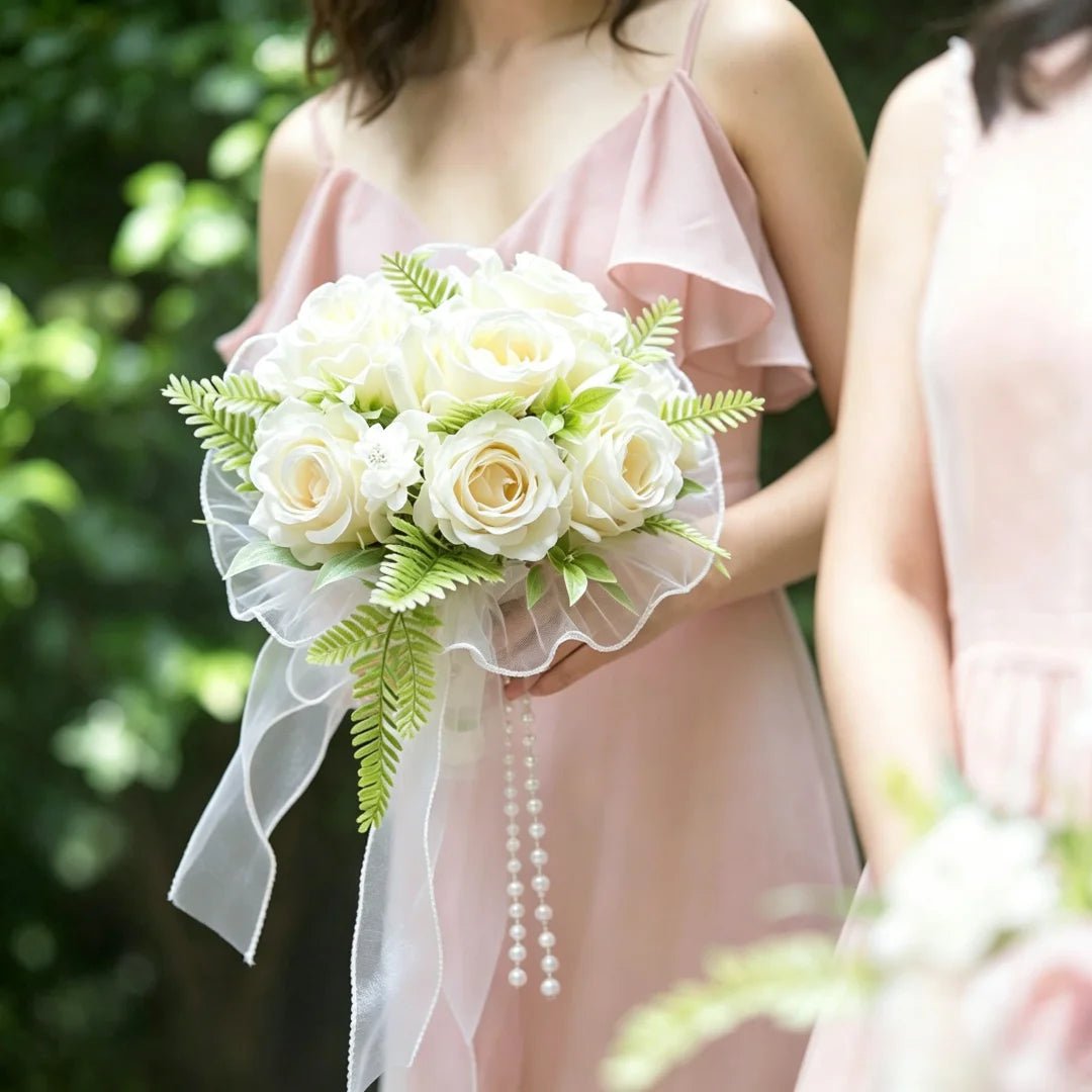 Pearl and Lace Silk Rose Bridal Bouquet - Luzilly Bridal & Apparel