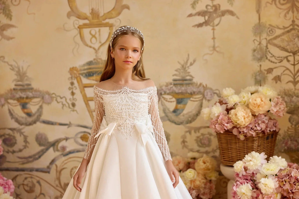Pearl Beaded Ball Gown Flower Girl Dress - Luzilly Bridal & Apparel